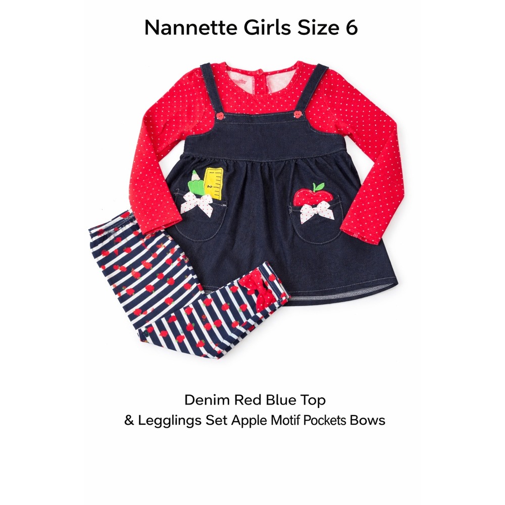 Nannette Kids Girls Size 6 Denim Jumper Red Polka Dot Top & Apple Leggings Set
